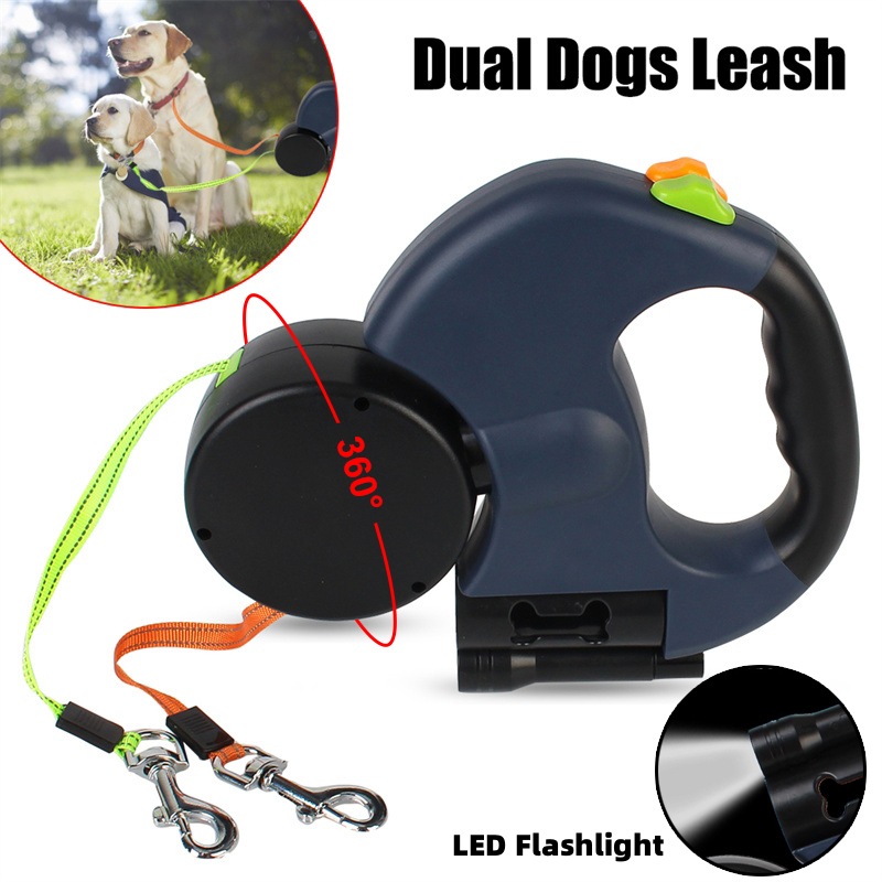 Retractable Dual Dog Leash with LED Light – Tangle-Free 360° Swivel & Poop Bag Holder for Small to Medium Dogs
